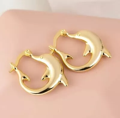 Dolphin Design Hoop Earrings 24K Gold Plated Fashion Women Girl Beach Gift • $9.50