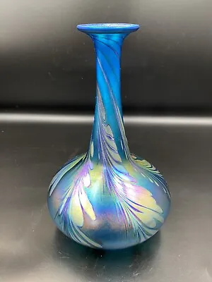 1983 Charles Lotton Dated Signed Blue Iridescent Wisteria Hand Blown Bottle Vase • $599