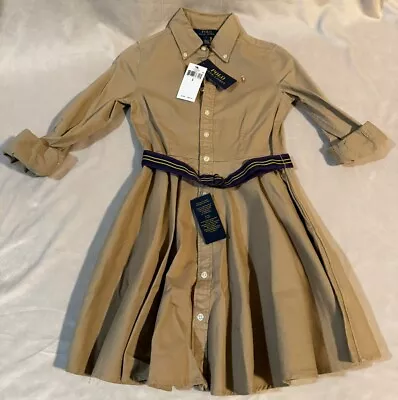 Polo Ralph Lauren Girls Khaki Belted Cotton Chino Shirtdress Size 8 NWT $69.50 • $33.33