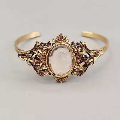Cameo Cuff Bracelet Vtg Frosted Carved Glass Gold Tone Victorian Style 6.5  • £32.10