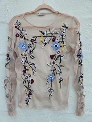 $20 • Buy Zara Top Womens Medium Pink Sheer Mesh Embroidered Long Sleeve Shirt Bird Floral