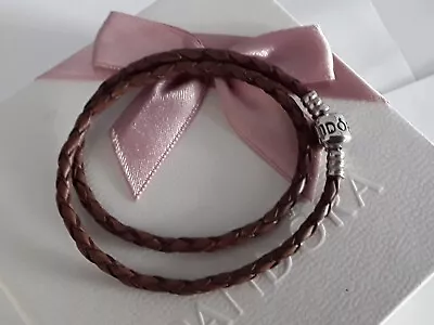 Pandora  Silver  + Brown  Double Leather Bracelet  34 Cms   Long    590705CBN-D • £22