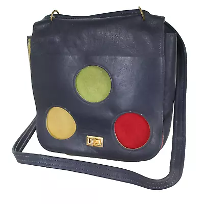 1960s Mod Purse Blue Leather + Suede Polka Dot Hand Bag Shoulder Cross Body Vint • $75