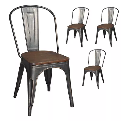 Set Of 4 Metal Dining Chairs Industrial Kitchen Chairs W/Wooden Seat Blackgold • $139.95