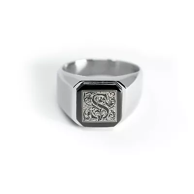 Stainless Steel Floral Monogram Letter S Mens Square Biker Flat Top Signet Ring • $14.50