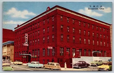 Zanesville Ohio~YMCA Building~Cars Parked In Street~Linen Postcard • $13