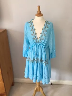 Turquoise Cotton Above The Knee Sun Dress Size 16 • £17.99