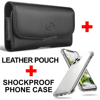 For IPhone 14 14 Plus 14 Pro 14 Pro Max Leather Belt Clip Pouch + Clear Case • $7.99