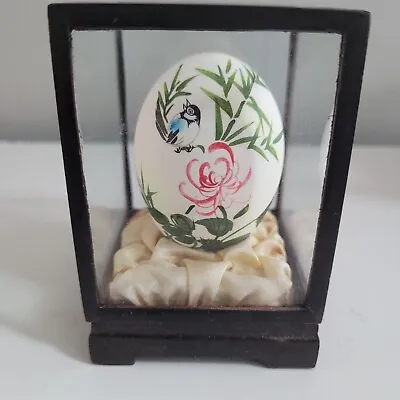 Vintage Chinese Hand Painted Egg Blue Bird Flowers Bambo Glass Display Box Stand • $4.99