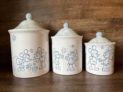 Set Of 3 Disney Ceramic Canisters Mickey & Minnie Mouse Blue Flowers Very Nice! • $49