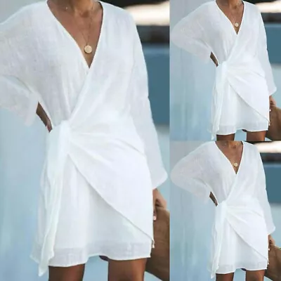 Women's Wrap V-Neck Long Sleeve Summer Holiday Beach Dress Lace Up Long Shirt US • $19.68