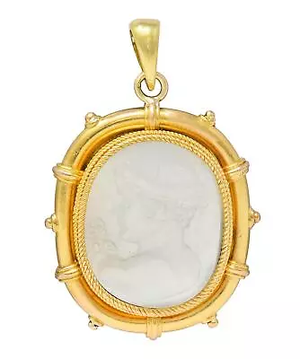 Victorian Carved Moonstone 14 Karat Yellow Gold Hermes Antique Cameo Pendant • $4550