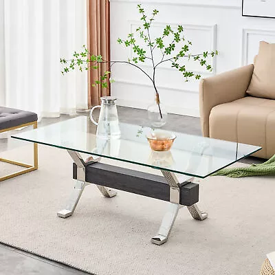Tempered Glass Tea Table Coffee Table Cocktail Desk Table With  Metal Legs • $206.90
