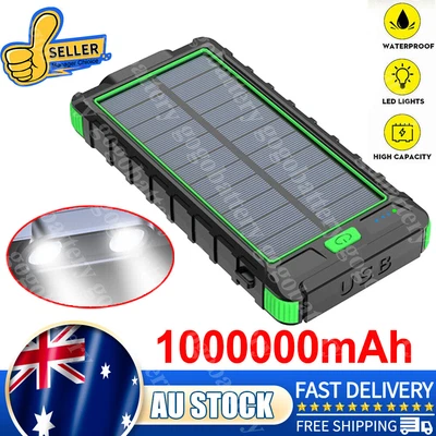$36.99 • Buy 100000mAh Solar Waterproof Power Bank 2 USB LED External Battery Charger AU