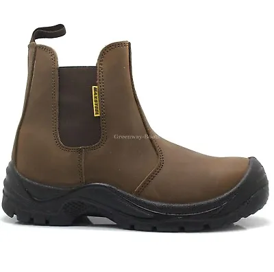 Mens Brown Chelsea Leather Dealer Slip On Safety Boots Work Steel Toe Cap Shoes • £25.70
