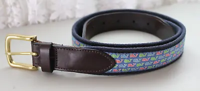 Vineyard Vines By Shep & Ian Leather Canvas Colorful Whales Brass Buckle Belt 32 • $24