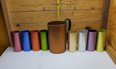 Vintage Perma Hues Metal Colorful Cups 8 Pieces With Pitcher Made In Ohio USA • $25.95