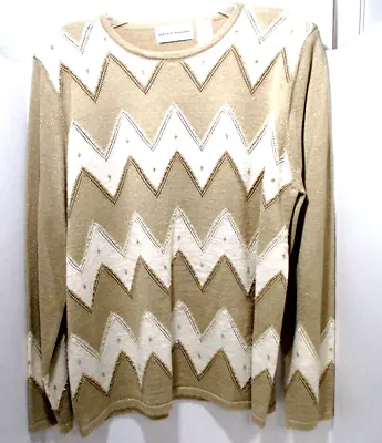 Alfred Dunner Medium Long Sleeve Pullover Metallic Zig Zag Gold Top Bling • $15.99