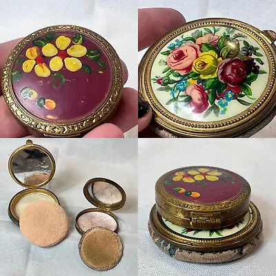 Floral Compact Vtg Lot Of 2 Painted Flowers Mirrored Vanity Case Powder Boxes • $39.95