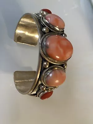 Sterling Silver Cuff Bracelet  Mediterranean Coral By Navajo Artist Albert Jake • $1725