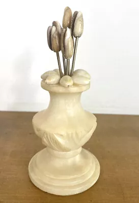 Vintage Carved Alabaster Olive Fork Holder Six Olive Forks Ornate Shell Handles • £28.99