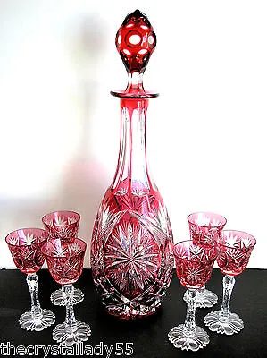 $1250 • Buy Val St Lambert Cranberry Cased Cut To Clear Crystal Decanter + Cordials C1905