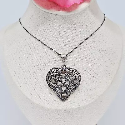 925 Oxidized Sterling Silver Puffy Filigree Heart Pendant Chain Necklace 31” • $67.92