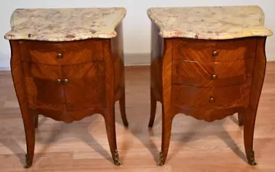 1900 Antique French Louis XV Walnut Inlaid Marble Top Nightstands Bedside Tables • $1850