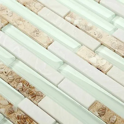 11 PCS Beach Style Backsplash Tile Green Lake & White Glass Stone Linear Mosaic • $183.95