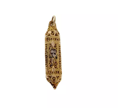 Vintage 14k Yellow Gold Jewish Hebrew Filigree Scroll Mezuzah Charm Pendant • $149