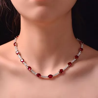 8Ct Oval Cut Lab-Created Red Ruby Tennis Necklace 14K White Gold Plated Silver • $1538.99