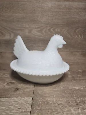 Vintage White Milk Glass Chicken Hen On Nest Covered Candy Dish Beaded Edge  • $25