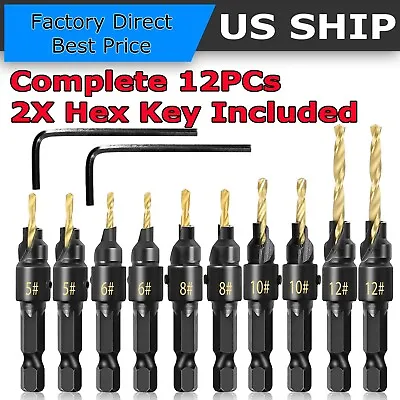 12x HSS Countersink Drill Bit 1/4  Hex Shank Woodworking Pilot Screw Hole Set • $9.99