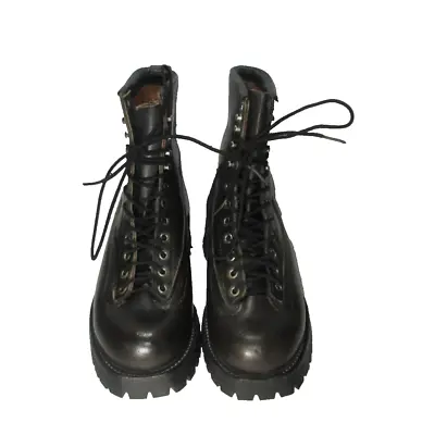 Vintage USA Made Vibram Sole  Steel Toe Lace Up Black Leather Work Boots-Sz-7D • $27.95