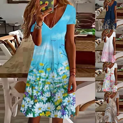 $18.33 • Buy Women Floral V Neck Mini Dress Ladies Summer Short Sleeve Holiday Beach Sundress