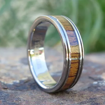 Genuine Bordered Hawaiian Koa Wood Inlay Titanium Wedding Ring Band 6mm TWR1007 • $51.88