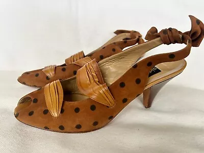 Vintage SIDONIE LARIZZI Polka Dot Shoes Leather Heels Slingback Peep Toe Bow Tie • $45