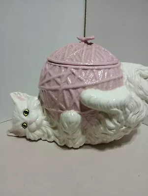 Ceramic Cat Cookie Jar White And Pink • $15.95