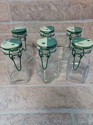 Vintage 90's Set Of 6 Glass Spice Jars W/ Ceramic Lids Wired Closures Green Leaf • $19.99