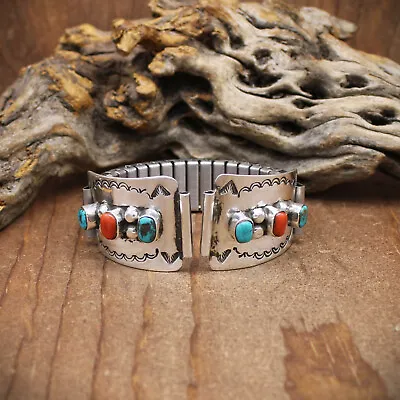 Men's Sterling Silver Coral And Turquoise Watch Band+ • $240