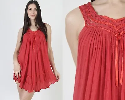 Red Gauze Micro Mini Dress Mexican Crochet Lightweight Beach Resort Cover Up • $60.80