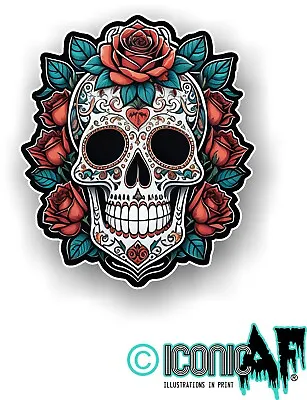Sugar Skull & Red Roses Mexican Spanish Day Of The Dead Vinyl Car Sticker Decal • £2.49