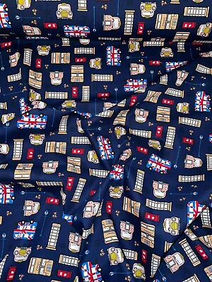 1 Meter Navy Blue London Bus Print 100% Cotton Fabric 45” Wide • £4.99