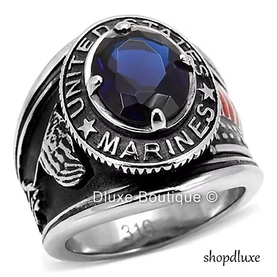 Men's Stainless Steel 316 Simulated Sapphire US Marines Military Ring Size 7-14 • $16.99