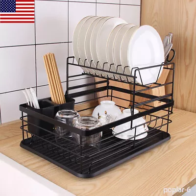 2 Tier Dish Drainer Rack Cutlery Holder Plate Rack Kitchen Sink With Drip Tray • $22.95