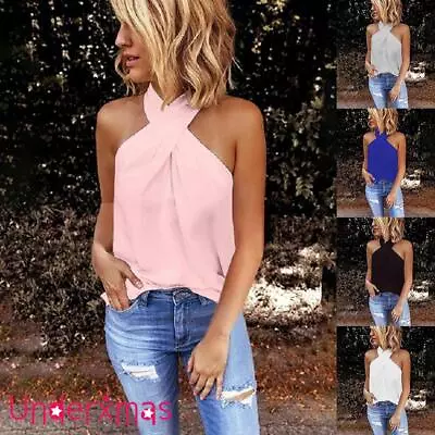 £2.89 • Buy Women Halter Neck Tank Tops Vest Ladies Sleeveless Holiday Beach T Shirt Blouse