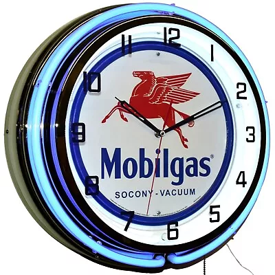 18  METAL CASE Mobilgas Pegasus Sign Double Neon Clock Garage Decor (Blue) • $228.88