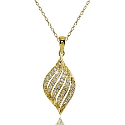 Round Cubic Zirconia Polished Swirl Leaf Gold Plated 925 Silver Pendant Necklace • $23.08
