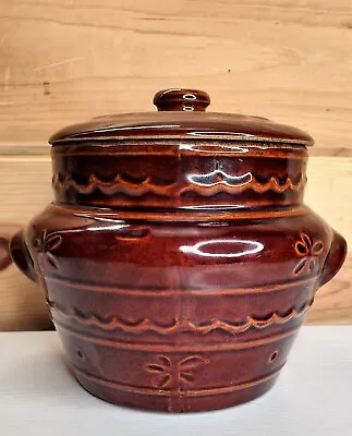 VTG Marcrest Stoneware Daisy Dot Brown Glazed Oven Proof Crock Bean Pot Lid USA • $19.50