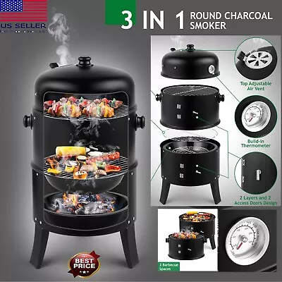 Charcoal Smoker BBQ Grill Portable Meat Round Cooker With Thermometer Outdoor • $64.59